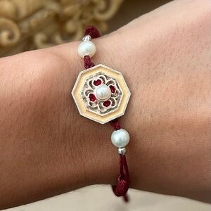 Adjustable Burgundy Cord Bracelet with Charm & Pearls – Silver Plated Boho Style